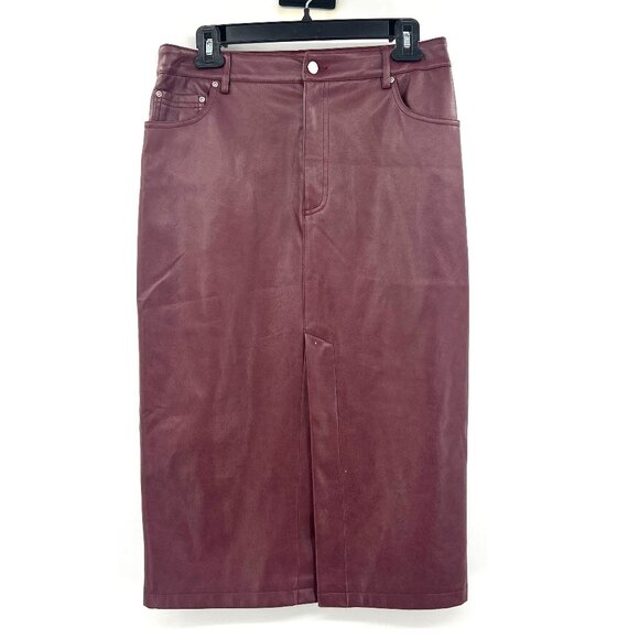 7 For All Mankind Faux Leather Burgundy Midi Skirt Women's Medium - Picture 1 of 5